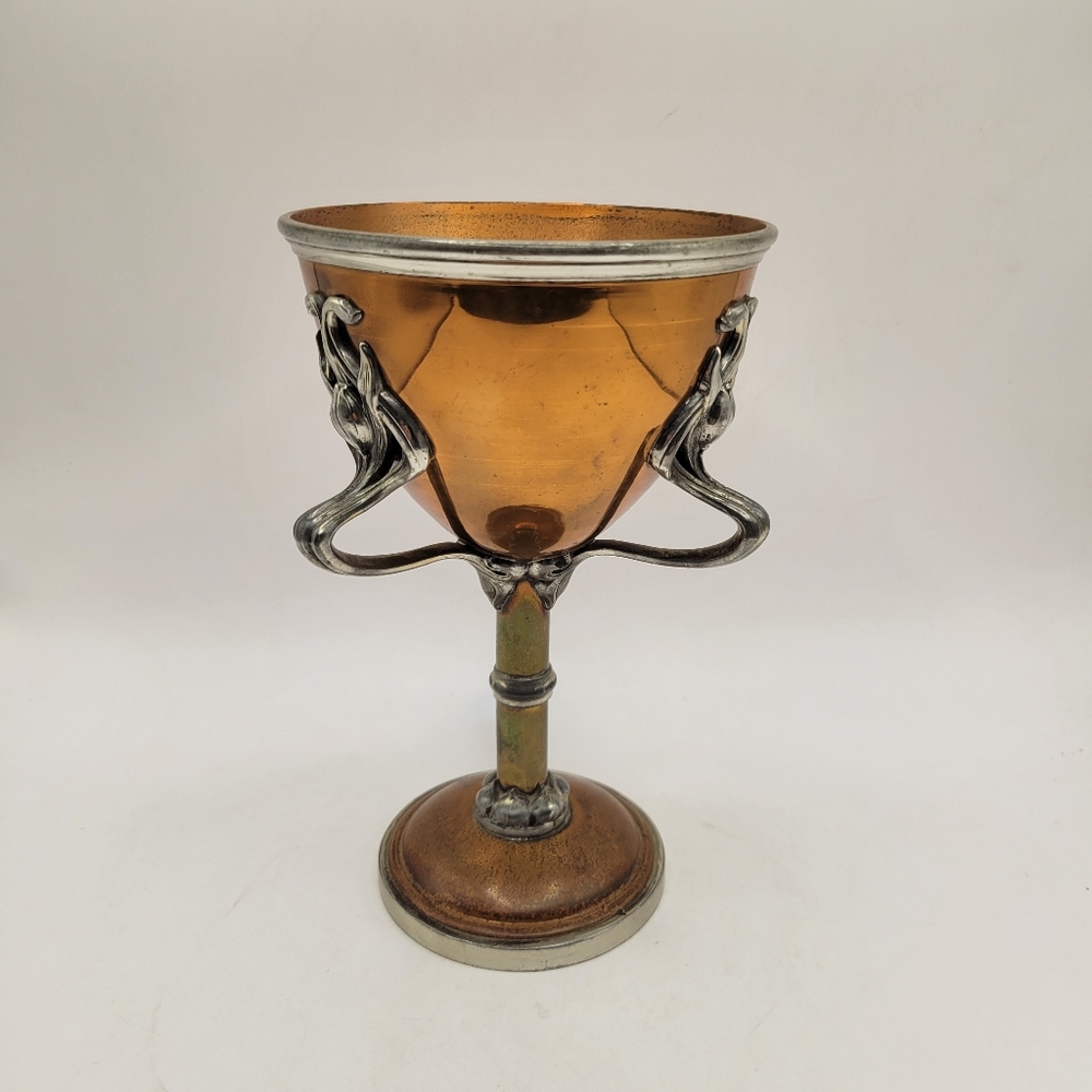 Antique Manning Bowman Copper Challice Tri Handle Goblet 8 Inch